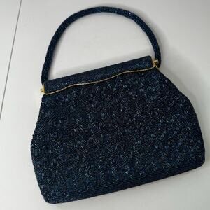 Vtg 50s Seed Bead Handbag Purse Scalloped Edge Iridescent Navy Gold Hong Kong